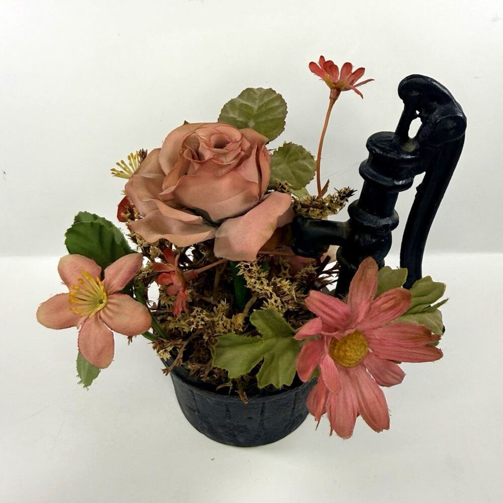 Vintage Cast Iron Water Pump Planter Faucet with Faux Pink Silk Floral Arrangeme